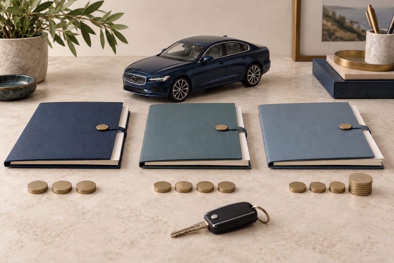 A model car behind three folders and rows of payment counters, with a key in front.