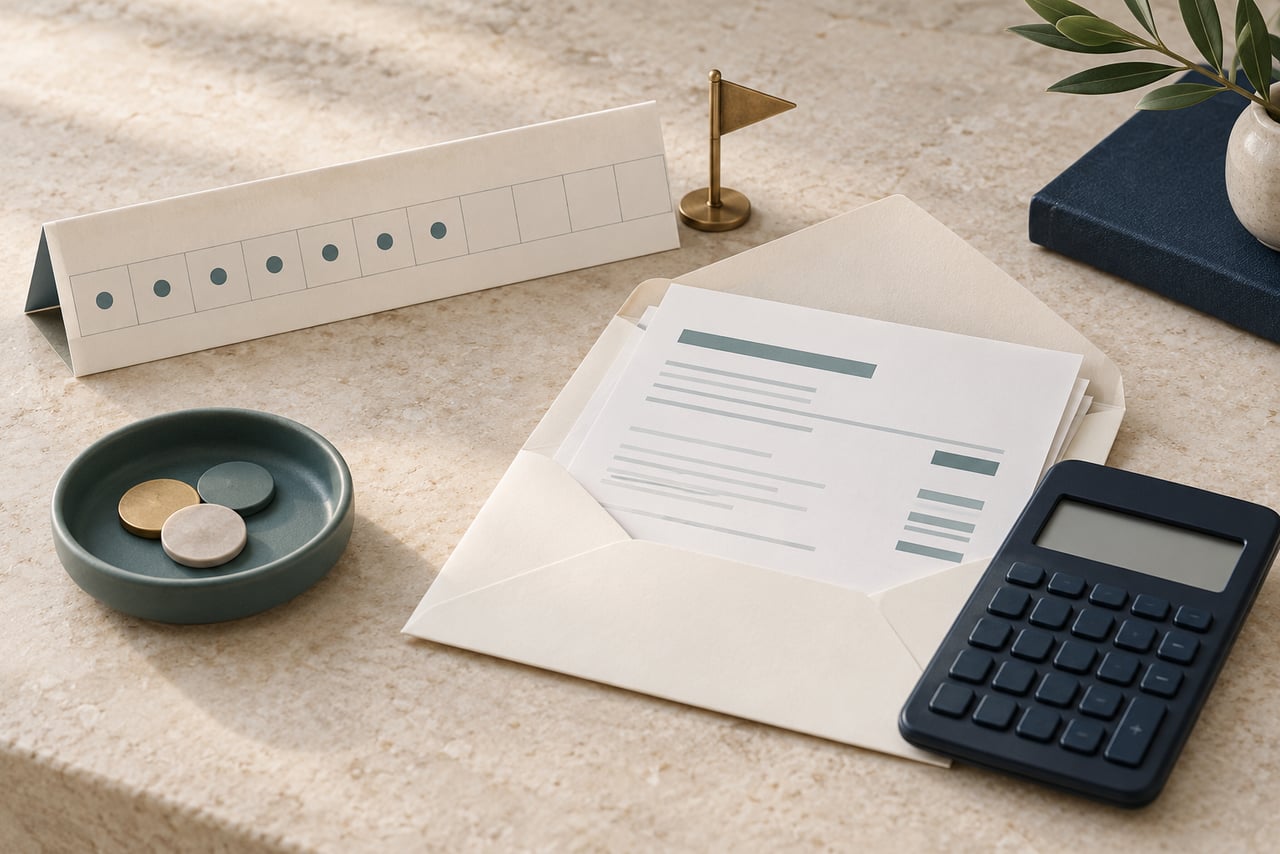 A settlement envelope, calculator and folded calendar beside a finish marker and a separate dish of counters.