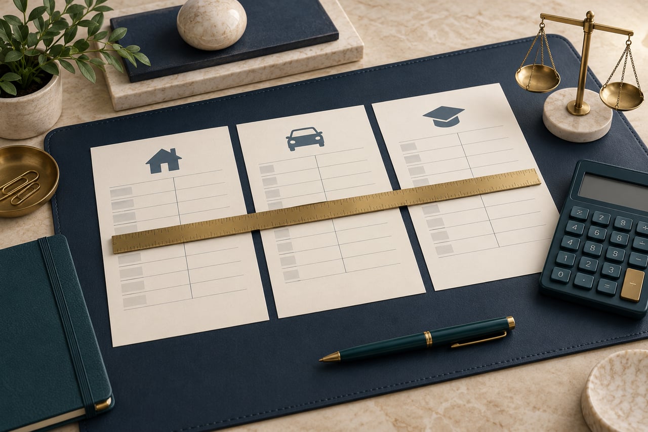 Three comparison sheets aligned beneath a ruler beside a small balance and calculator.