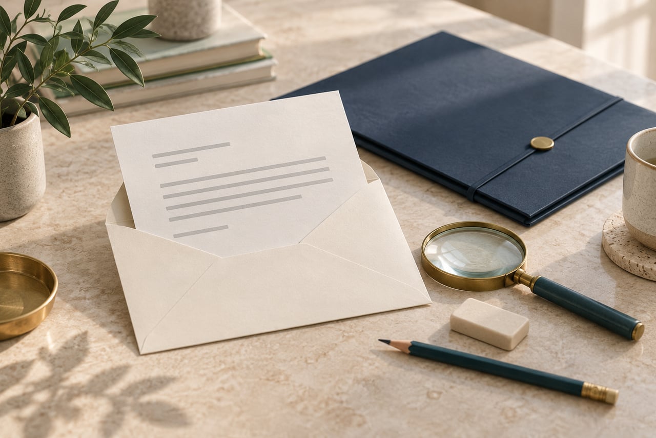 An opened envelope beside a magnifying glass, pencil and eraser, with a closed folder behind it.